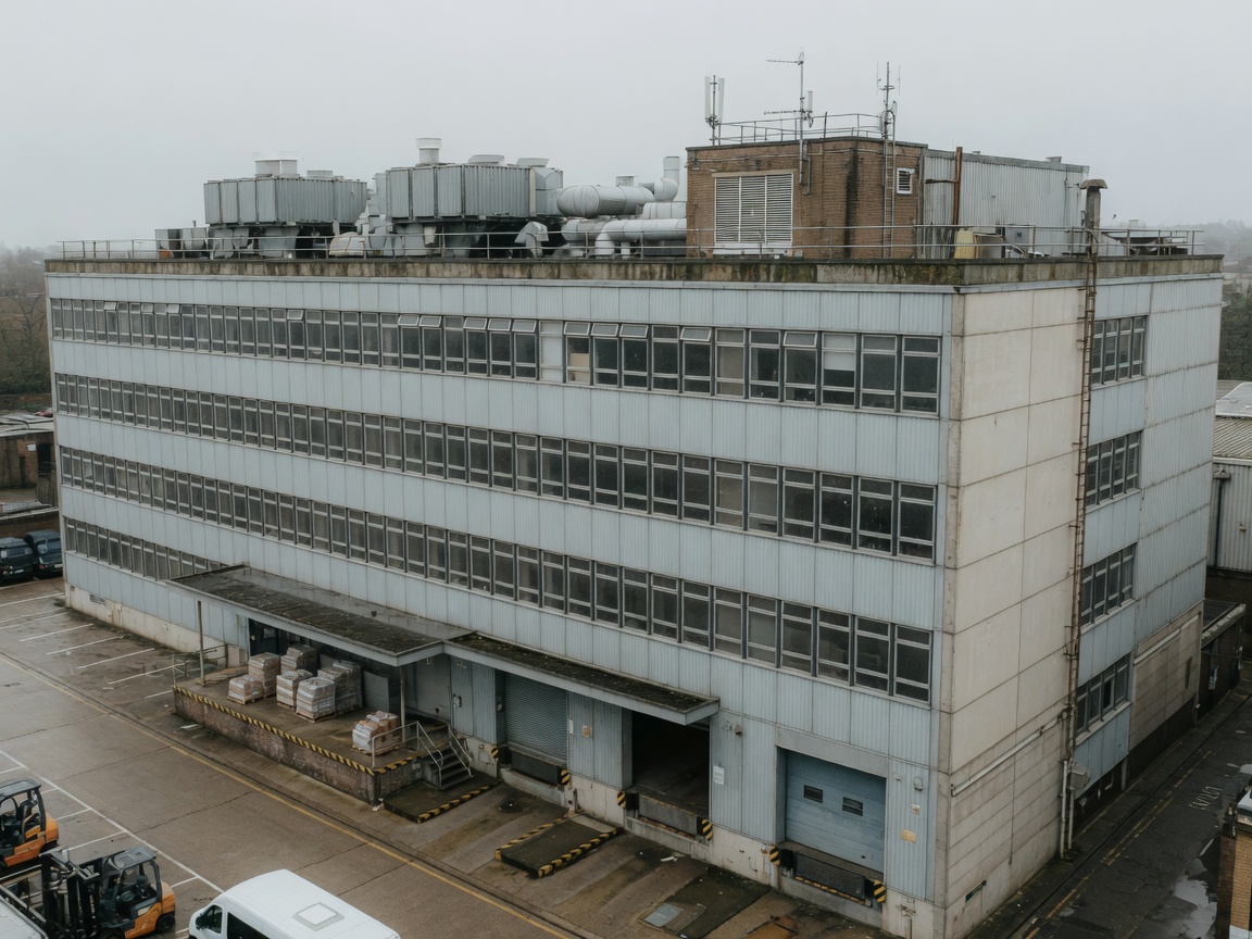 High-level view of a commercial building façade, loading docks and rooftop plant.