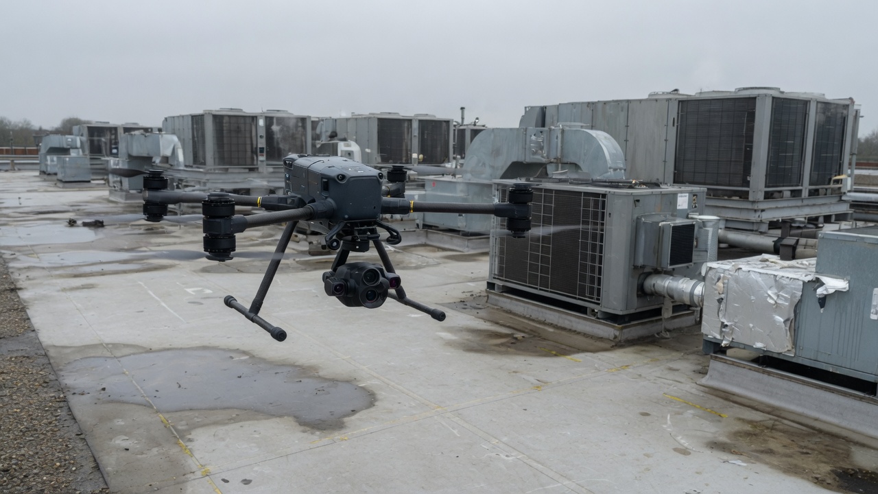 A compact enterprise inspection aircraft over a commercial roof.