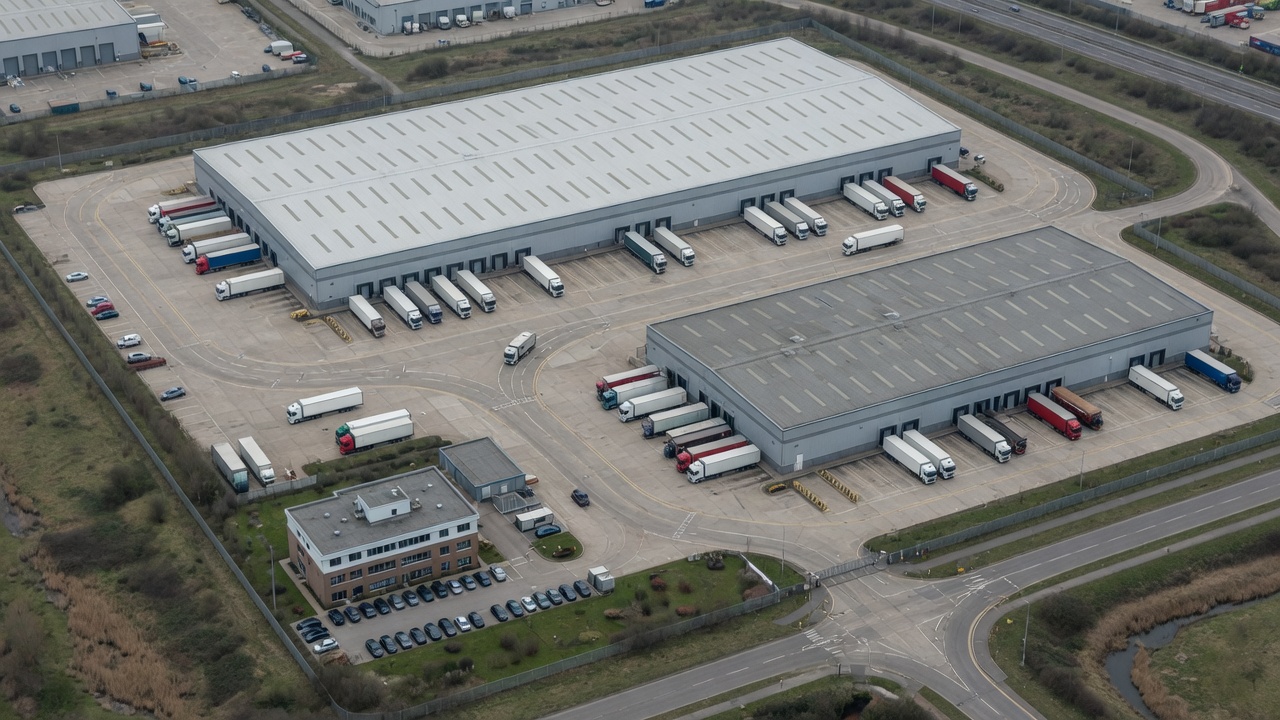Aerial view of a commercial logistics estate with multiple buildings and yards.