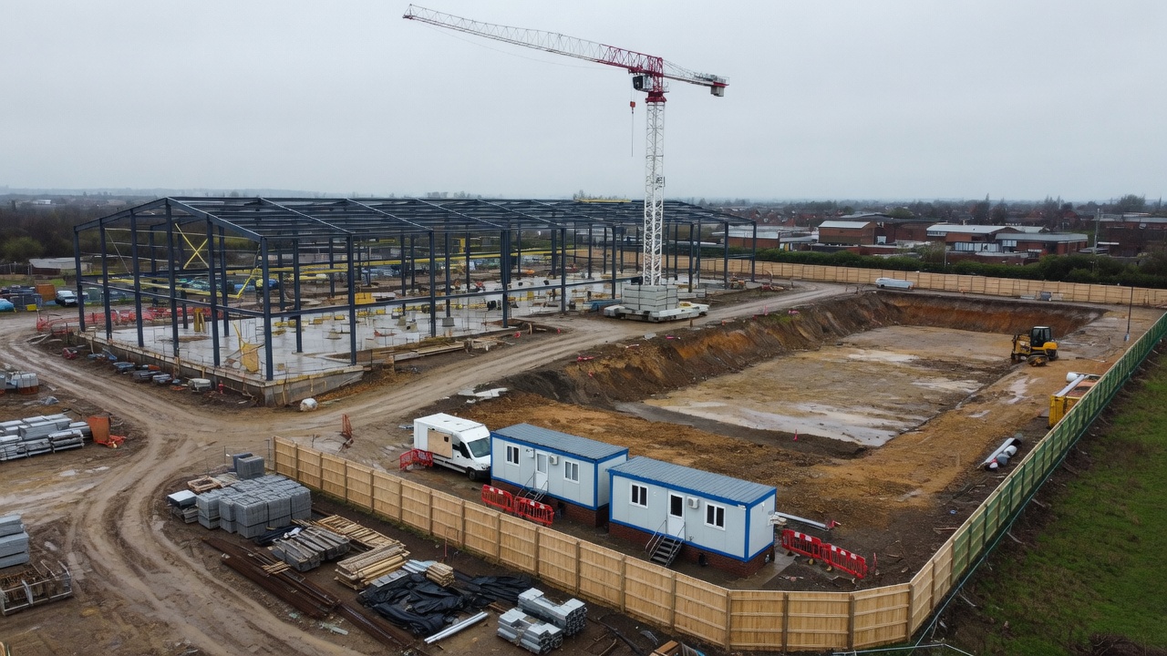 Illustrative construction visit 01: steel frame up, adjacent pad excavated.
