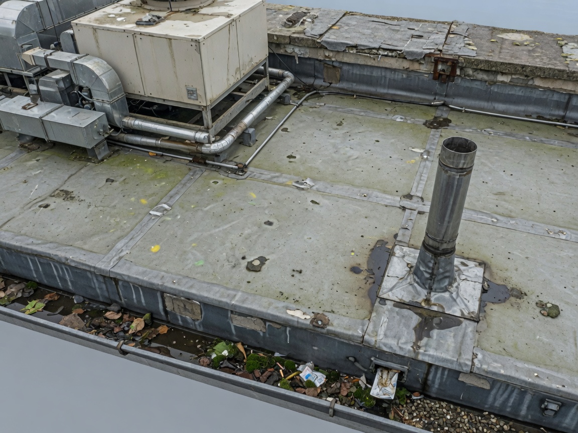 Detailed aerial inspection photograph of a commercial roof membrane, plant and gutter.