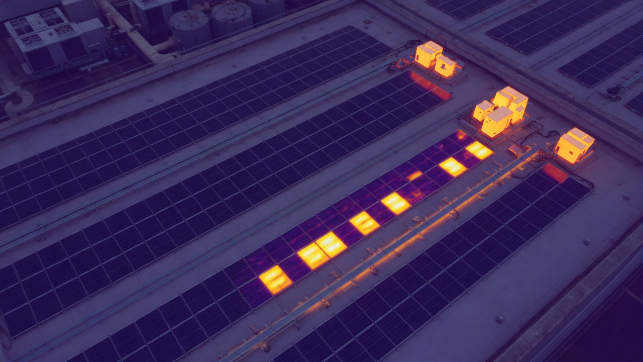 Illustrative thermal still of the same array, with warmer modules marked.